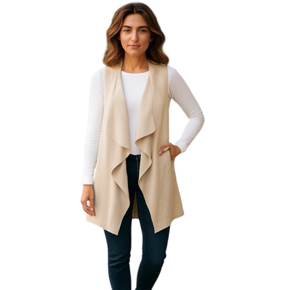 𝅺CALVIN Klein Long Waterfall Tan Faux Suede Drape Vest in Small